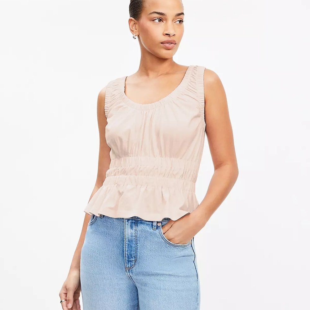 LOFT Shirred Peplum Tank Top Ruched Neckline Cropped Tank in Light Pink